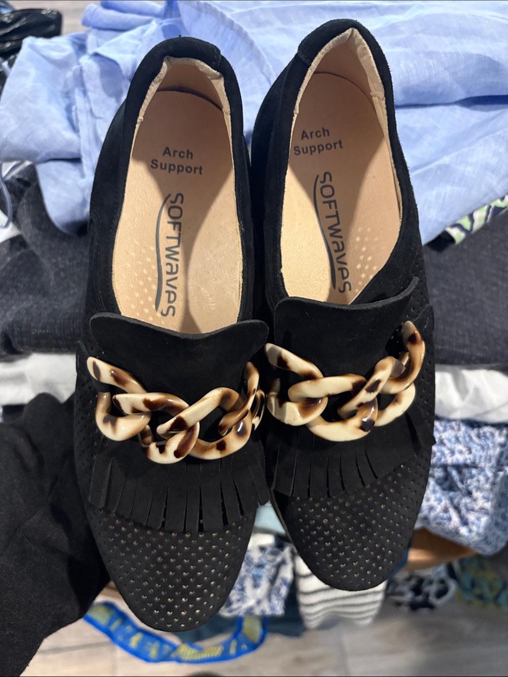 Softwaves Black Loafers with Tortoiseshell Chain Accent